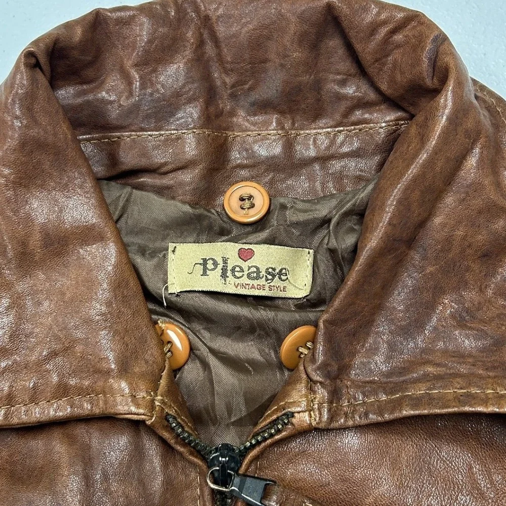 Please Bomber Jacket Womens S Brown Leather Made in Italy Distressed Aviator